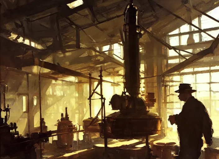 Prompt: oil painting of copper potstill in factory, art by anders zorn, wonderful art by greg rutkowski, beautiful cinematic light, american romanticism by greg manchess, reflections and refraction, sunlight