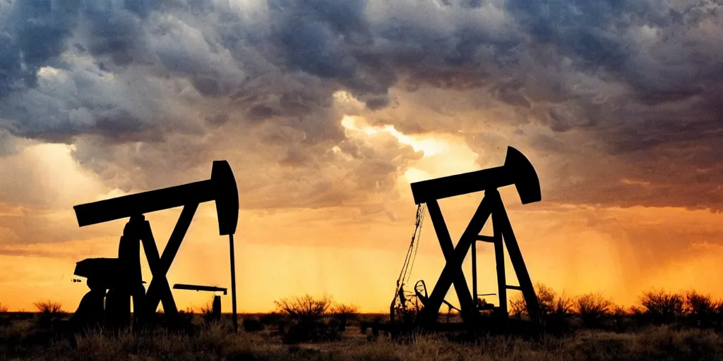 Prompt: photo of a stormy west texas sunset, perfect rustic ( ( pumpjack ) ), film photography, lightning, golden hour, high quality, beautiful!!!