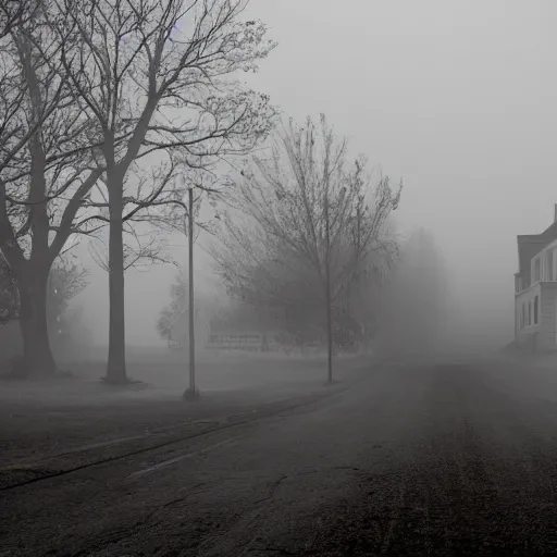 Prompt: photo of a creepy town covered in heavy fog