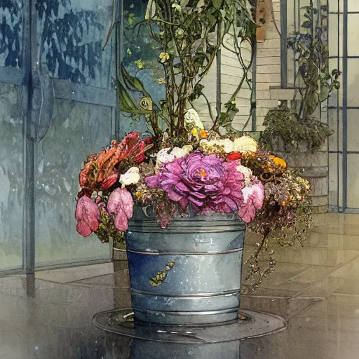 Image similar to a beautifull intricate watercolor painting of potted planter with flowers inside sitting on wet sidewalk, reflexions, raindrops, high details by william turner art, greg rutkowski and alphonse mucha, trending on artstation, very very detailed, masterpiece,