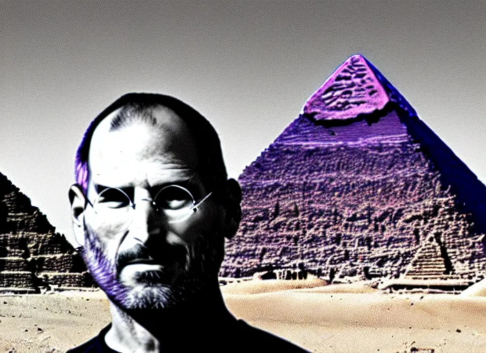 Image similar to landscape, steve jobs and a boy with purple hair in front of the pyramids, hyperrealism, intricate, 8 k, high detail