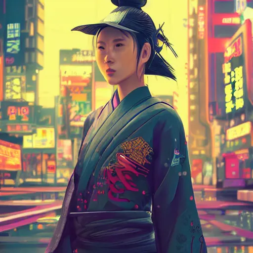 Prompt: Beautiful female samurai, with straw hat, cyberpunk 2077, city background, rainy night, neon glow concept art, sharp focus, intricate, digital painting, artstation, official media, anime key visual, highly detailed, rich vivid colors ambient lighting, illustration, art by Artgerm, Makoto Shinkai, Ilya Kuvshinov, Lois Van Baarle and Rossdraws