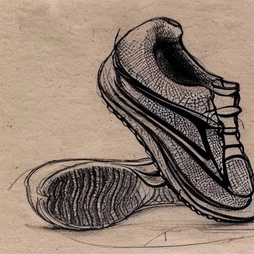 Prompt: Futuristic running shoes, sketch by Leonardo DaVinci