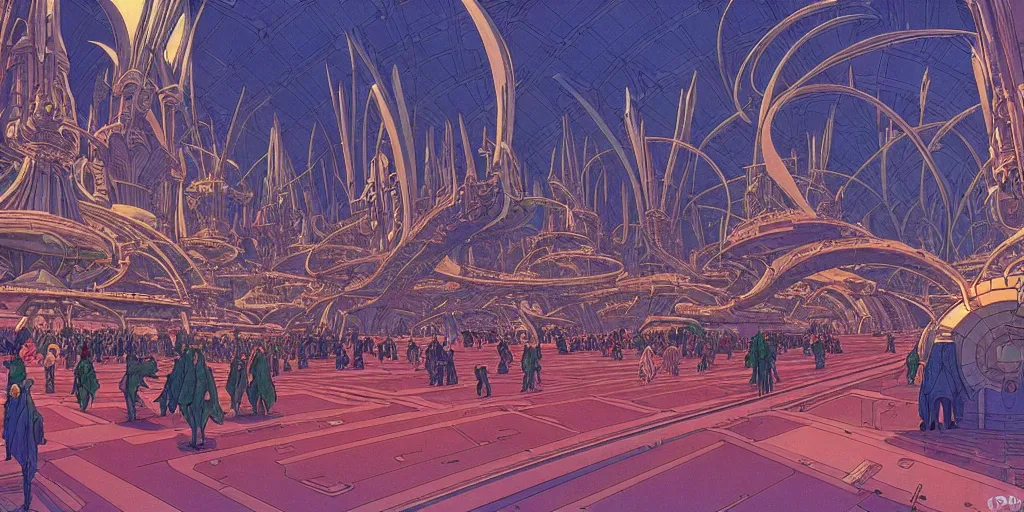 Image similar to cel shaded cinematic shot of the interior of a sci-fi space station with ornate Elven architecture bustling with people, epic castle, emerald, crystalline, detailed illustration, sharp focus, concept art by Moebius, Jean Giraud Moebius