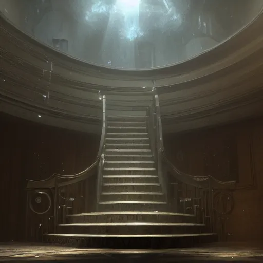 Image similar to staircase labrynth, several staircases folding into each other, water dripping from the ceilings, foggy atmosphere, beam of light, ufos, cinematic lighting, ultra details, incredibly realistic, octane rendering, z brush, unreal engine 5, photorealistic, 8k