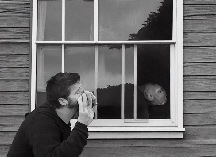 Prompt: a camera obscura photo a man licking his window