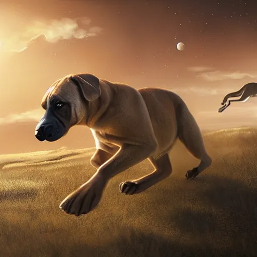 Prompt: a boerboel mastiff running, chasing a kangaroo, detailed, intricate, by jessica rossier