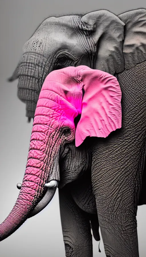 Image similar to A photo of an elephant with pink skin and a piercing in his trunk and his ears, wearing a orange green mohawk and a leather jacket on which a mouse is printed. photograph of a pink elephant, film still, insane detail, Hyperrealism, intricate, highly detailed, Zeiss Lens, DSLR photography, smooth, sharp focus, Unreal Engine 5, Octane Render, Redshift, 8K