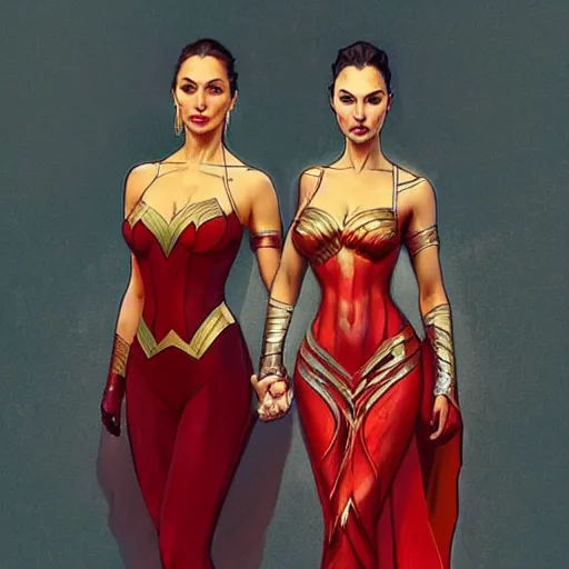 Image similar to lindsey pelas and gal gadot wearing a red kebaya, digital painting, artstation, concept art, sharp focus, illustration, art by artgerm and greg rutkowski and alphonse mucha