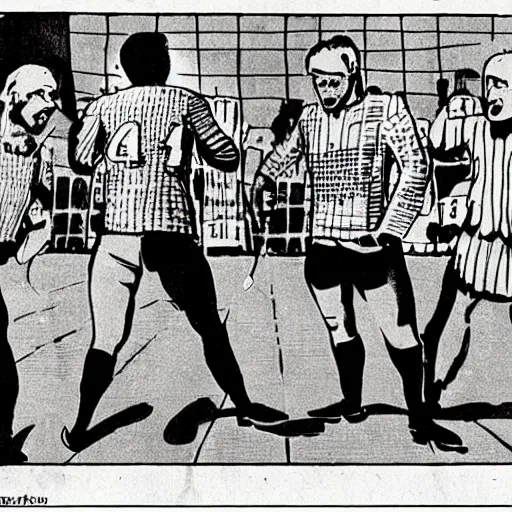 Image similar to group of men asking people to join a football match, comic vignette, 1 9 7 0 newspaper