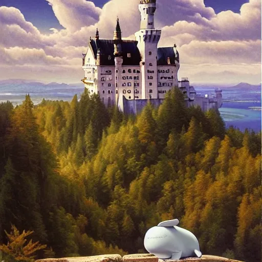 Image similar to a happy cyber whale is floating above castle neuschwanstein, it is a beautiful morning, painting by ed Binkley and Gerald Brom