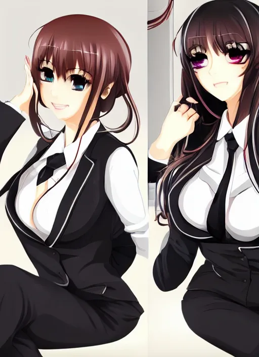 Image similar to two beautiful secretaries in the office, gorgeous faces, thick lines, cinematic lighting, detailed anime art