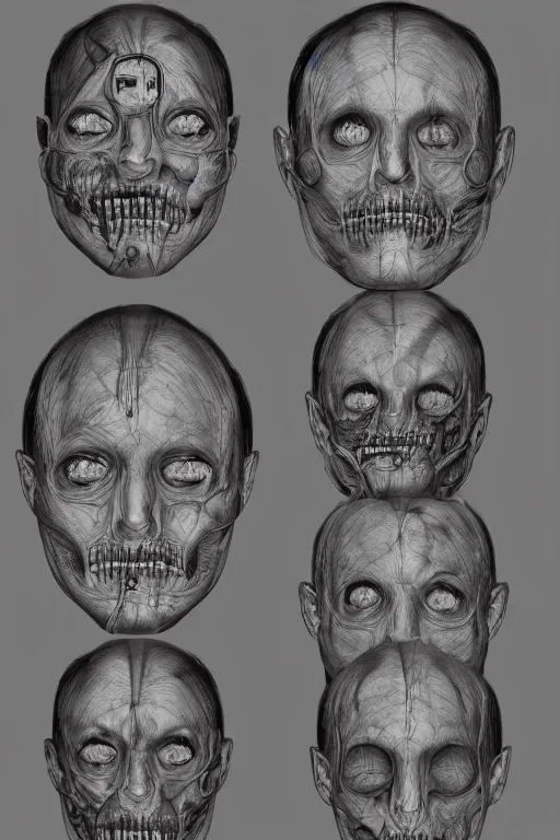 Prompt: latin facial anatomy with gunmetal grey skin, medical anatomy, very symmetrical face, highly detailed, three - perspective / three - view reference sheet ( front / back / side ), in the style of dan ouellette, steven jung, amanda lilleston, hr giger, sil from species, dren from splice, mecha, artstation, unreal engine