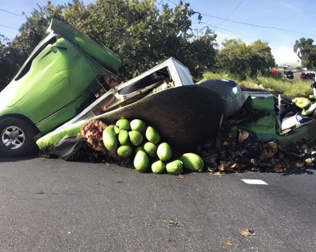 Image similar to picture of an overturned avocado truck, tons of avocados on the road that people are walking and picking up