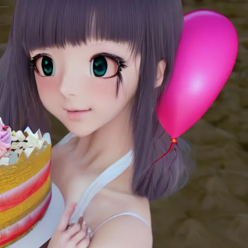 Image similar to Render of a beautiful 3d anime woman holding a birthday cake out to the camera, long light pink hair, full bangs, hazel eyes, cute freckles, full round face, soft smile, Chinese heritage, cute checkerboard sundress, golden hour, serene beach setting, medium shot, mid-shot, hyperdetailed, trending on Artstation, Unreal Engine 4k