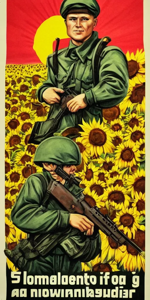 Prompt: Communist Propaganda Poster of a soldier in a sunflower field holding an Steyr AUG.