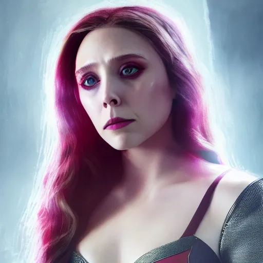 Image similar to Elizabeth Olsen as the Scarlet Witch in alt attire and heavy alt makeup, trending on artstation, gloomy atmosphere, photorealistic facial features, 4k, 8k