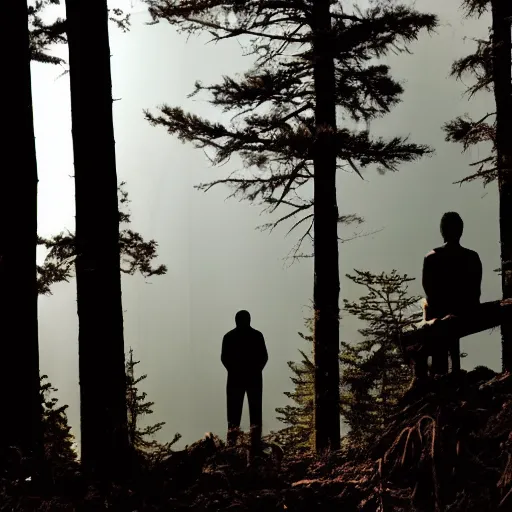 Prompt: silhouettes of two men sitting on top of a hill with a forest behind them