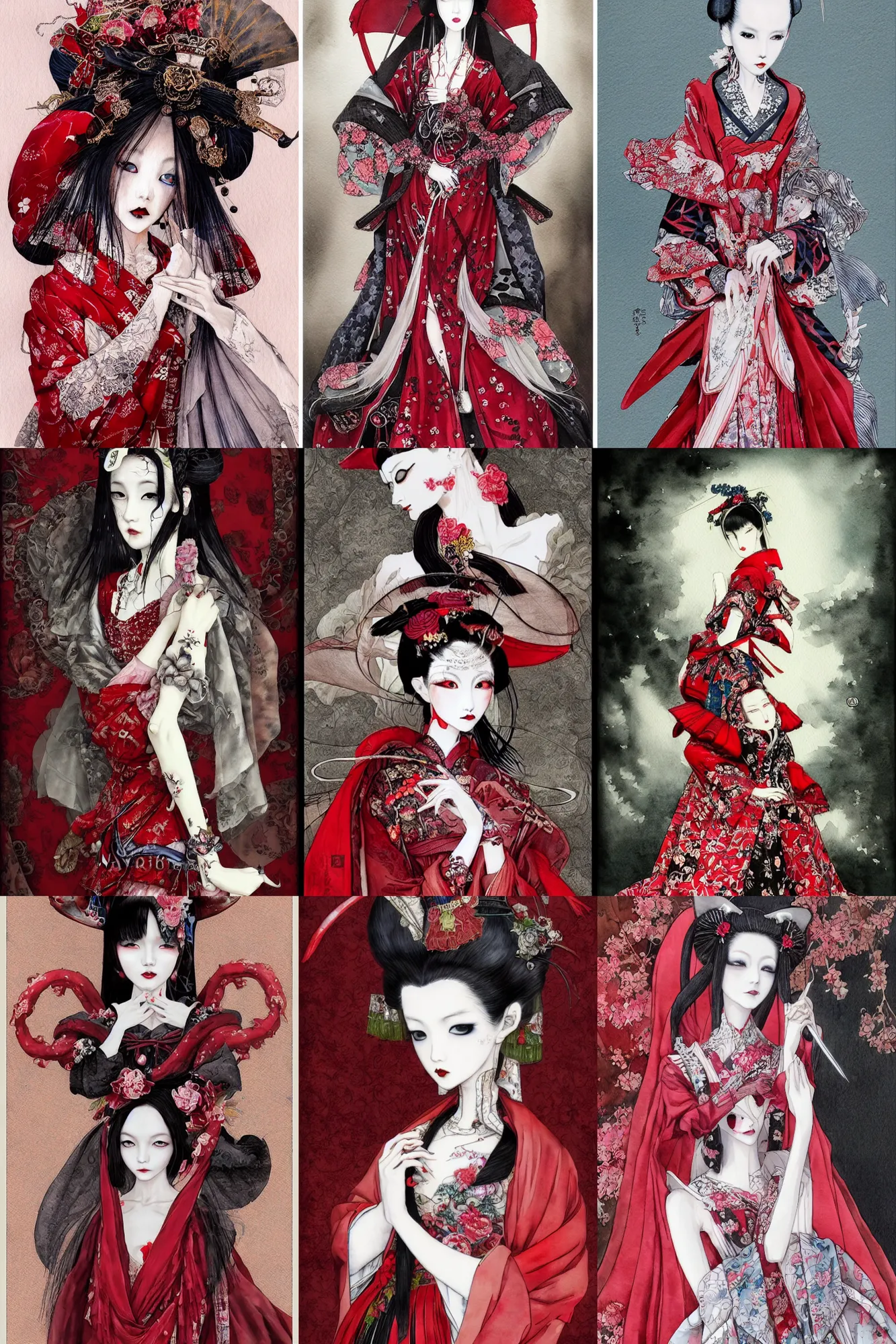 Prompt: watercolor painting avant - garde vogue fashion portrait of an japanese bjd geisha vampire queen with a long neck in a victorian lolitafashion red dress in the style of dark - fantasy painted by yoshitaka amano, ayami kojima, nekro, intricate detail, artstation, artgerm, rococo
