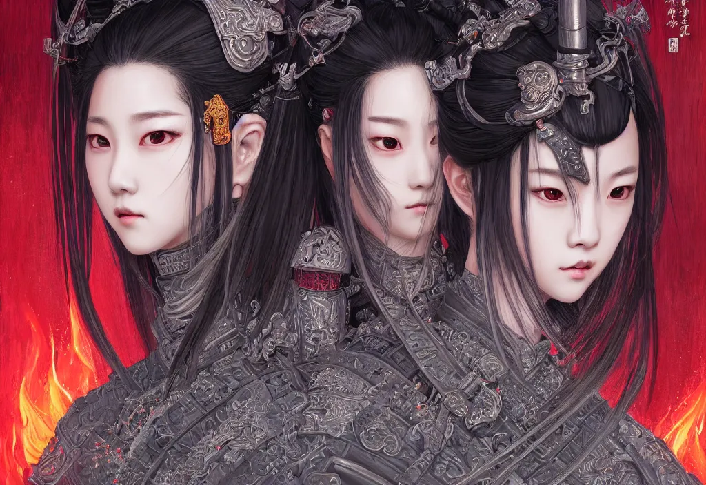 Prompt: portrait grey hair samurai girl, jisoo blackpink, armor samurai wardrobe, in fire honnoji temple wet night, ssci - fi and fantasy, intricate and very very beautiful and elegant, highly detailed, digital painting, artstation, concept art, smooth and sharp focus, illustration, art by tian zi and wlop and alphonse mucha