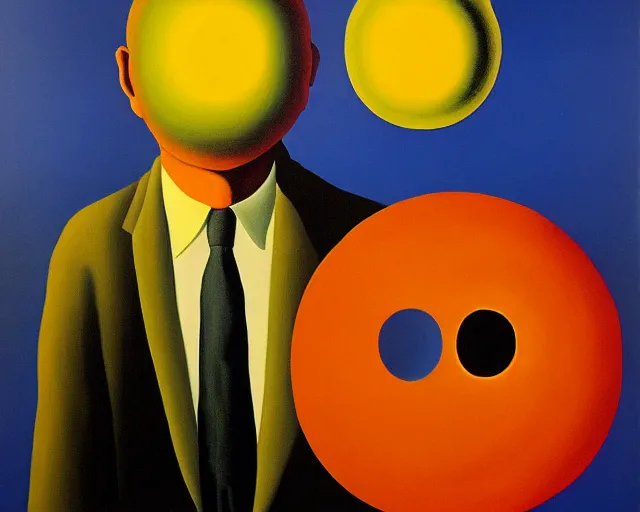 Prompt: magritte painting. the sun has a face with many eyes and teeth. seen through the fog