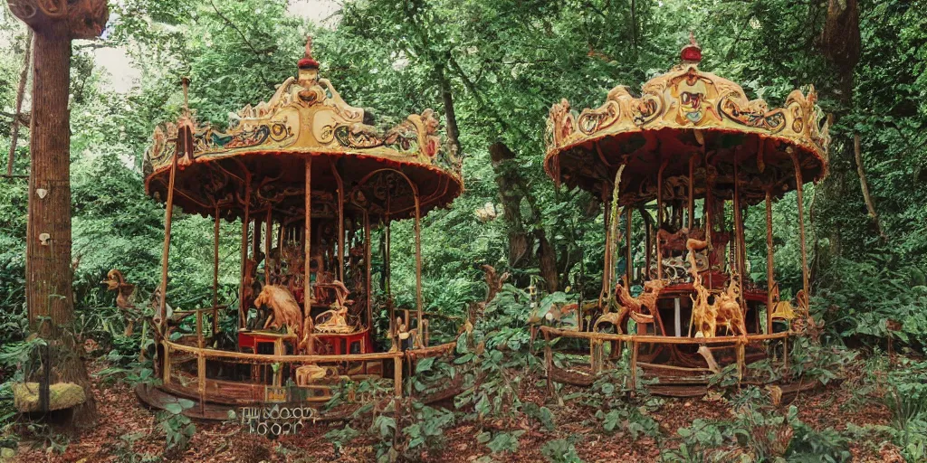 Image similar to an abandoned overgrown carousel with elaborately intricate carved wooden figures of animals, beachwood treehouse, discovered in a secret garden, hedgemaze, photo taken on fujifilm superia