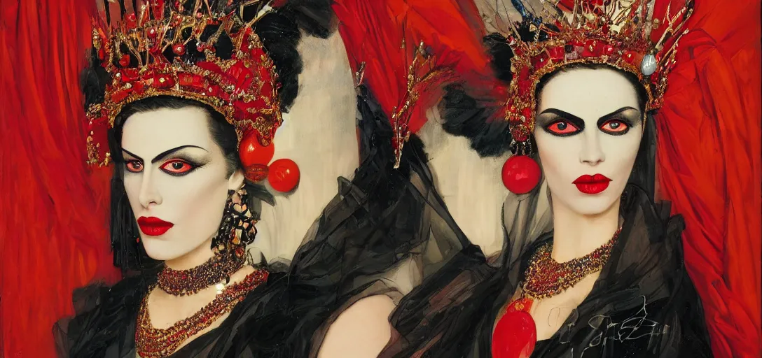 Prompt: an 8 0 s close - up portrait of a woman with dark eye shadow and red lips with dark slicked back hair, a mask of beads and jewels hanging from a crown by serge lutens, delphin enjolras, peter elson, flat surreal psychedelic colors, background of classic red cloth