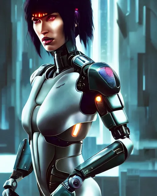 Image similar to weta movie still portrait photo of megan fox as the major ghost in the shell as cyborg woman by pixar, by weta, wlop, ilya kuvshinov, rossdraws, artgerm, maxim cover, latex, sweaty, iridescent, bright morning, anime, liosh, mucha