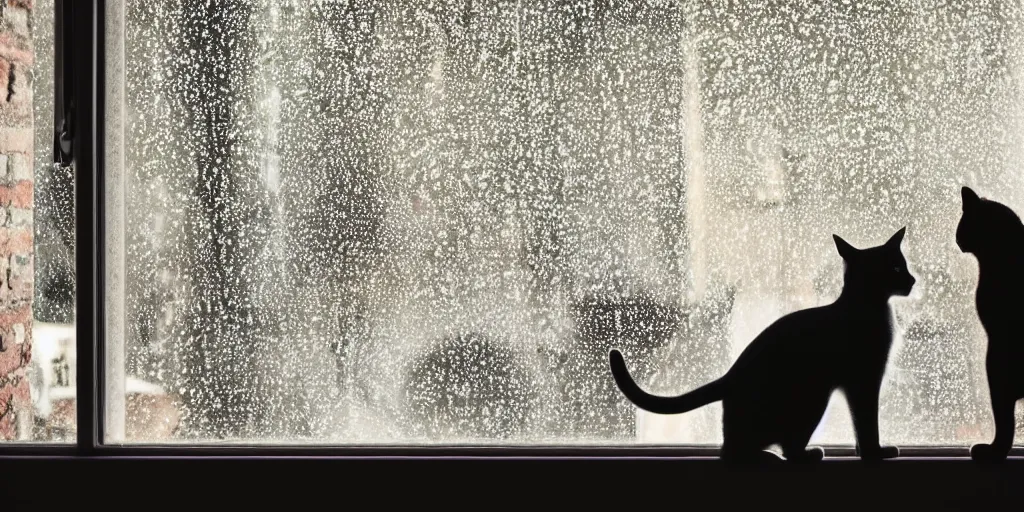 Prompt: silhouette of a girl and her cat, looking out a window on a rainy day, inside a cozy apartment, with a city view. atmospheric, moody, cozy, rainy day, backlit,