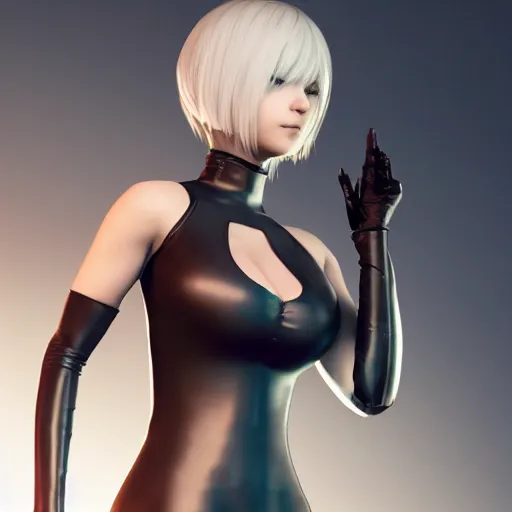 Image similar to 2 b nier automata wearing skintight clothes, 3 d render, anatomically correct, cinematic lighting, unreal engine, octane render, ray tracing, unity, highly detailed, high quality, hd, 4 k, 8 k, realistic, sharp, trending