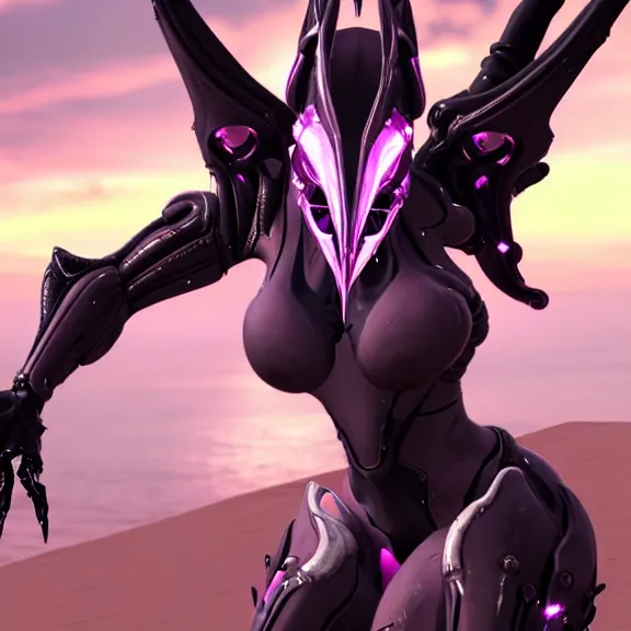 Prompt: cinematic detailed, close up, full body, front shot, of a beautiful saryn prime female warframe, that's a beautiful stunning anthropomorphic robot female dragon with metal cat ears, sassy pose, standing on the beach at sunset, thick detailed warframe legs, detailed arms, sharp claws, slick pink armor, streamlined white armor, long elegant tail attached to her back end, two arms, two legs, detailed warframe fanart, destiny fanart, macro art, dragon art, furry art, realistic digital art, warframe art, Destiny art, furaffinity, DeviantArt, artstation, 3D realistic, 8k HD, octane render