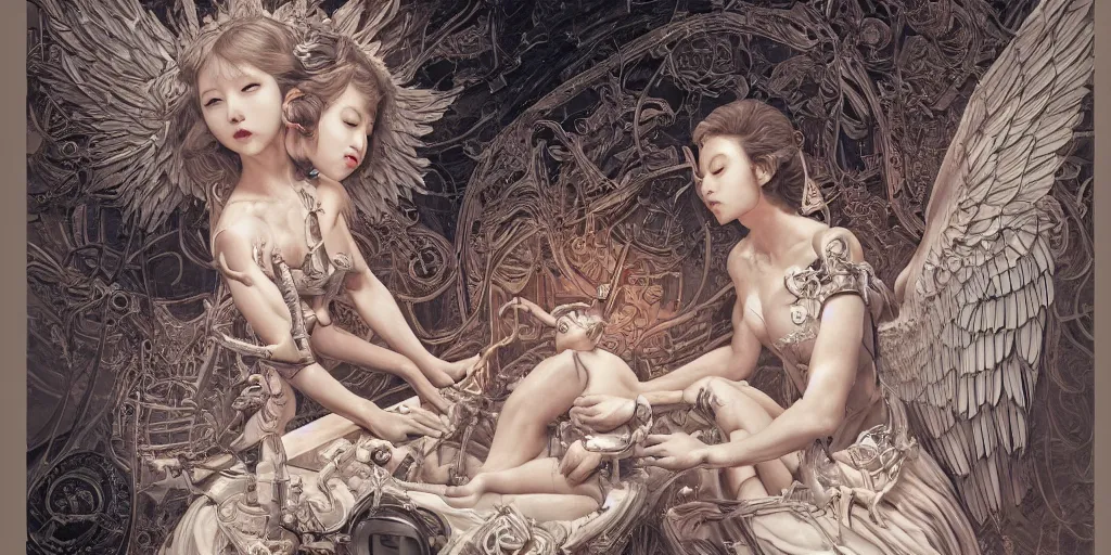 Prompt: hyperrealistic photography of a highly detailed and symmetrical gorgeous female angel constructing a birth machine in the style of Jin Kagetsu, James Jean and wlop, highly detailed, face symmetry, masterpiece, award-winning, sharp focus, intricate concept art, ambient lighting, 8k, artstation