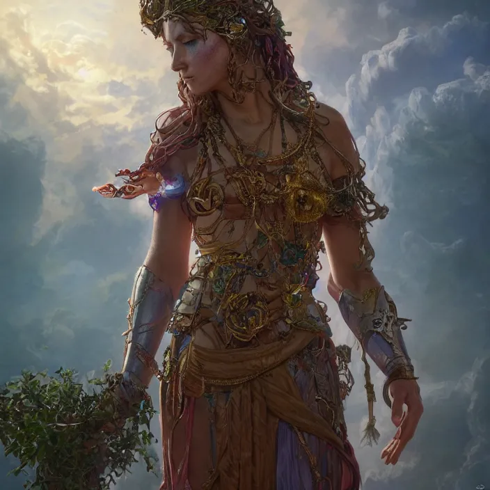 Prompt: biblical shy beautiful female druid android, made of glass, bright glowing veins, in clouds, ultra realistic, concept art, intricate details, serious, highly detailed, photorealistic, octane render, 8 k, unreal engine, art by todd mcfarlane and artgerm and greg rutkowski and alphonse mucha