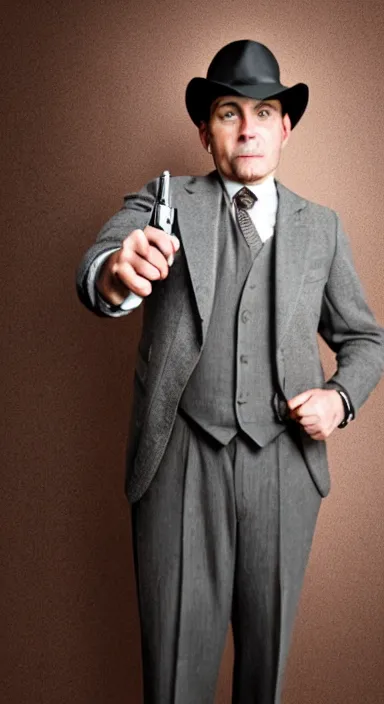 Image similar to Full body portrait of a man with a stern look dressed in a 1930s attire. He is pointing a gun and seems mentally unstable. 4K, dramatic lighting