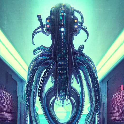 Image similar to portrait of a squid monster. intricate abstract. cyberpunk, vhs glitch. intricate artwork. by Tooth Wu, wlop, beeple, dan mumford. octane render, trending on artstation, greg rutkowski very coherent symmetrical artwork. cinematic, hyper realism, high detail, octane render, 8k