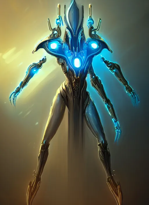 Prompt: benevolent cyborg necromancer, scifi, futurism, alien room background, white, blue, gold, protoss, warframe, highly detailed, trending on artstation, soft light, sharp edges, illustration, spiritual, technology, character design, art by vitaly bulgarov and nivanh chanthara