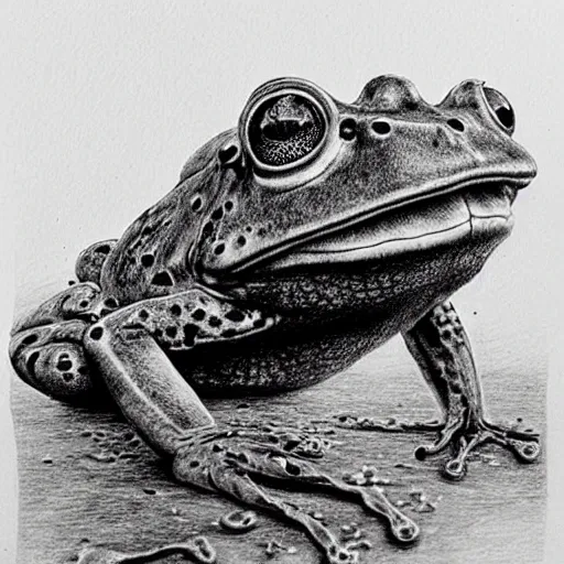 Prompt: An intricate drawing of a colossal scary frog, highly detailed, intricate detail, surreal, unsettling, by Stephen Gammell