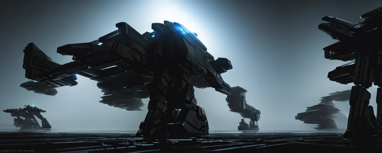 Prompt: armored core mech, epic beautiful space scifi, eve online, in the style of syd mead, highly detailed, chiaroscuro, volumetric lighting, octane render, majestic, mysterious, double - exposure, light, tones of black in background, sublime, soft lighting, ray tracing global illumination, translucid luminescence, lumen reflections