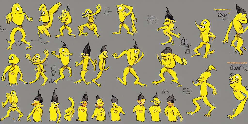 Prompt: character design sheet of the bananana man