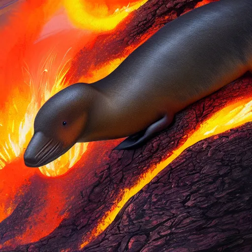 Prompt: giant platypus coming out of a volcano, cinematic, high detail, painting,, coherent, high definition, 4 k, artstation