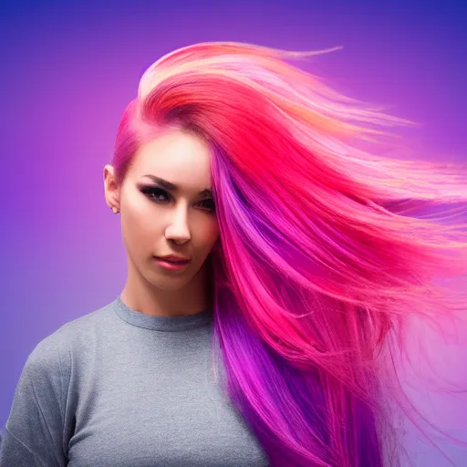 Image similar to a award winning upper body portrait of a beautiful woman in a coprtop with a ombre purple pink hairstyle with head in motion and hair flying, outrun, vaporware, vivid colors, highly detailed, fine detail, intricate