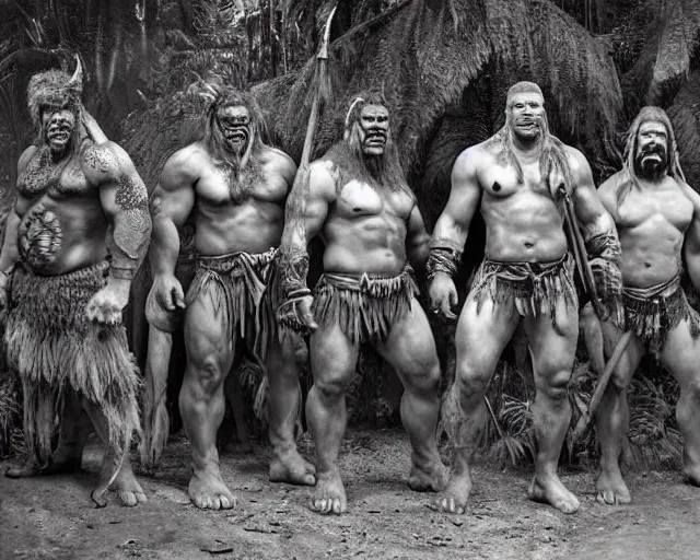 Image similar to hyper realistic group vintage photograph of a live action warcraft orc warrior tribe in the jungle, tall, hulk like physique, detailed faces, tribal paint, tribal armor, grain, old, monochrome, sepia toned, realistic lighting, wide angle