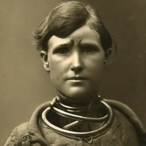 Prompt: early 1900s picture of a sad cyborg