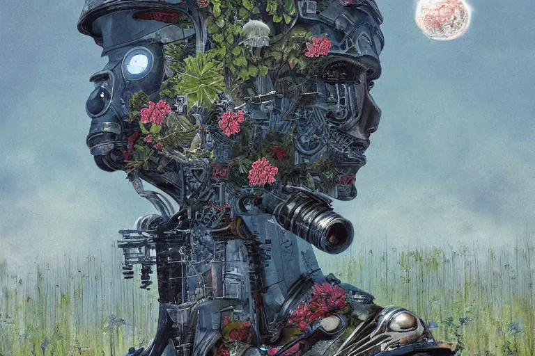 Image similar to gigantic robot - girl head floating in the space, a lot of exotic plants, trees, flowers, oldschool vintage sci - fi flat surreal grainy design, super - detailed, painting by enki bilal, hd, 4 k, high quality