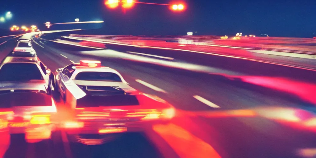 Image similar to 8 0 s movie still, high speed car chase on the highway at night with bright city in background, medium format color photography, 8 k resolution, arri 3 5 mm cinema, hyperrealistic, photorealistic, high definition, highly detailed, tehnicolor, anamorphic lens, award - winning photography, masterpiece