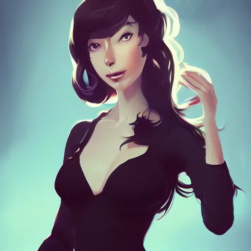 Image similar to , a beautiful woman with dark brown hair wearing a black dress, fantasy, by lois van baarle, Ilya Kuvshinov, Stanley Artgerm Lau, WLOP, Rossdraws, trending on artstation,