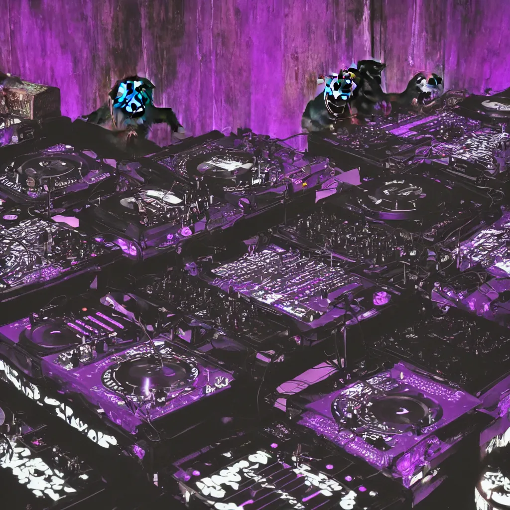 Prompt: violet chimpanzee dj turntables in a dark warehouse huge eyeballs subwoofers big black trees in the background