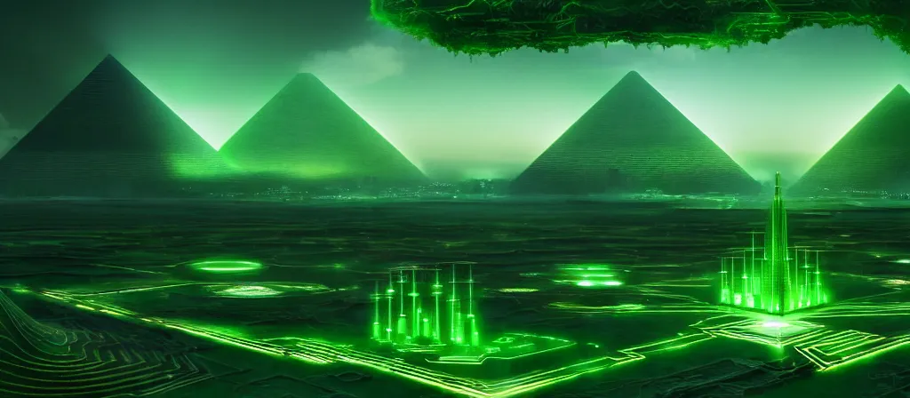 Prompt: the ethereal god of technology bestows the gift of green circuits to humanity. immaculate matte painting. fantastic. velvet and emerald. high key studio lighting. fractal dreams. ancient egypt, trending on artstation, cgsociety, ps 5, uhd 8 k cryengine