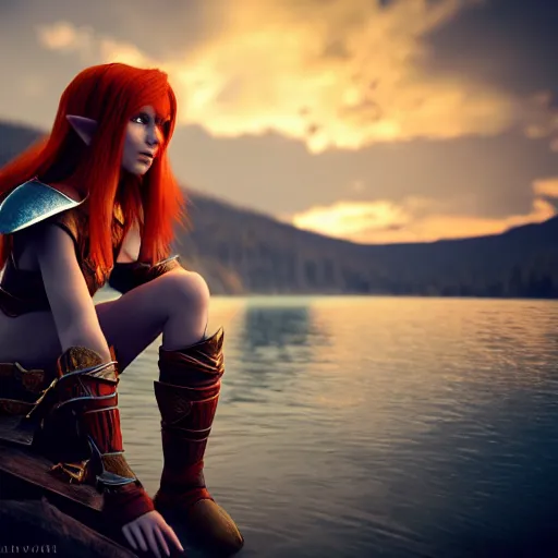 Prompt: beautiful female redhead elf warrior wearing armor, sitting next to a beautiful lake at sunset, enjoying the wind, looking at the water. 8k ultra realistic, award winning, unreal engine 5, masterpiece, atmosphere glow, hyperrealistic, focused, extreme details, cinematic