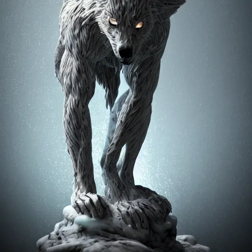 Image similar to a delicate marble sculpture dramatic portrait of a werewolf covered with water veil, highly detailed marble cloth, gi, global illumination, physically based rendering, photorealistic, top light, dark background